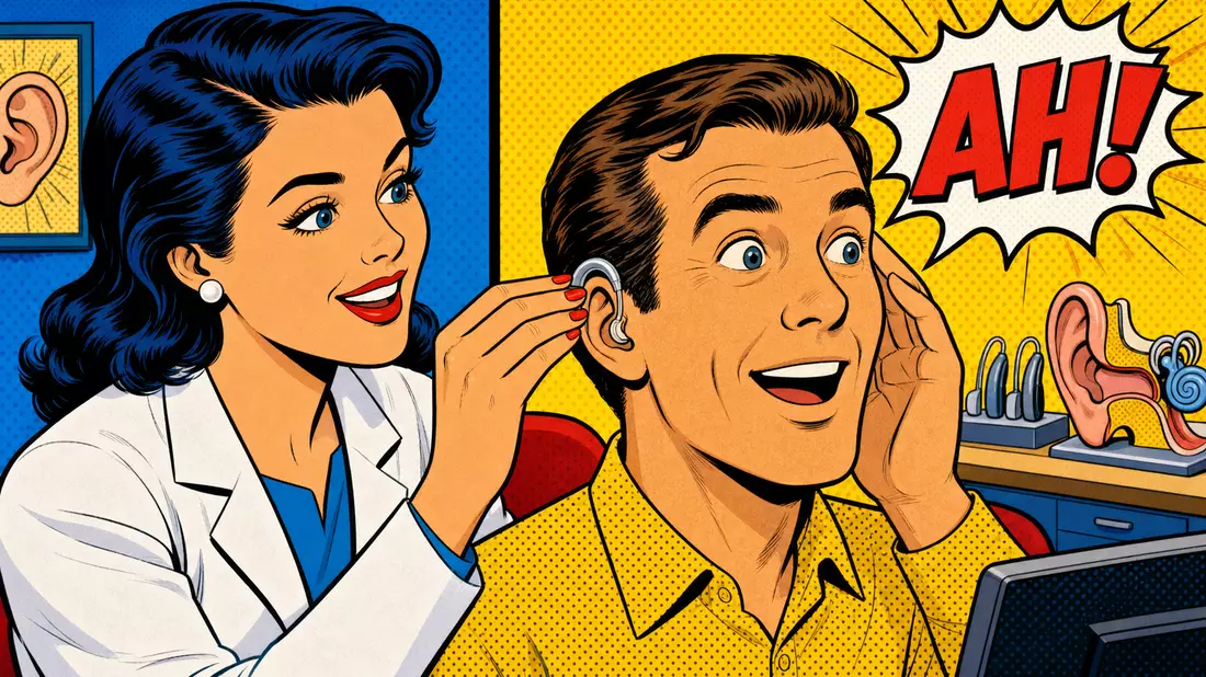 Farbenfrohe Pop-Art-Comicillustration einer Hörtest-Szene mit Halftone-Muster