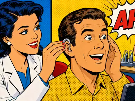 Pop-Art-Comicszene mit Hörtest-Motiv visualisiert farbenfroh die Branche von Amplifon S.p.A., ISIN IT0004056880, Gesundheitswesen - Foto: THN