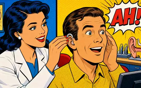 Pop-Art-Comicszene mit Hörtest-Motiv visualisiert farbenfroh die Branche von Amplifon S.p.A., ISIN IT0004056880, Gesundheitswesen - Foto: THN