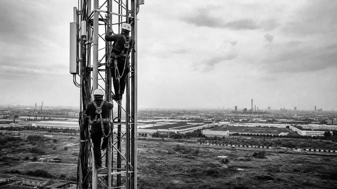 Schwarzweiß-Reportagefoto von Technikern beim Klettern an einem Sendemast