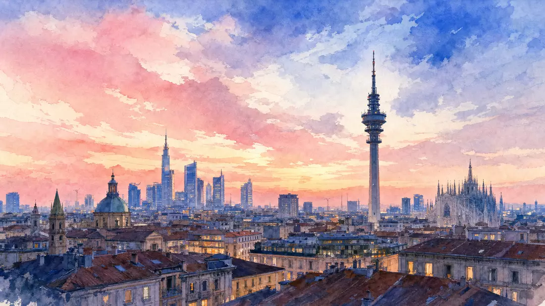 Aquarellmalerei der Mailänder Skyline mit einem hohen Sendeturm bei Dämmerung