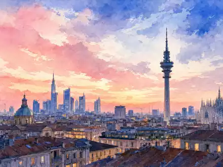 Infrastrutture Wireless Italiane S.p.A. (IT0005090300) verbindet Mailand digital, dargestellt als Aquarell der Skyline mit Sendeturm - Foto: THN