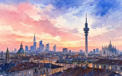 Infrastrutture Wireless Italiane S.p.A. (IT0005090300) verbindet Mailand digital, dargestellt als Aquarell der Skyline mit Sendeturm - Foto: THN