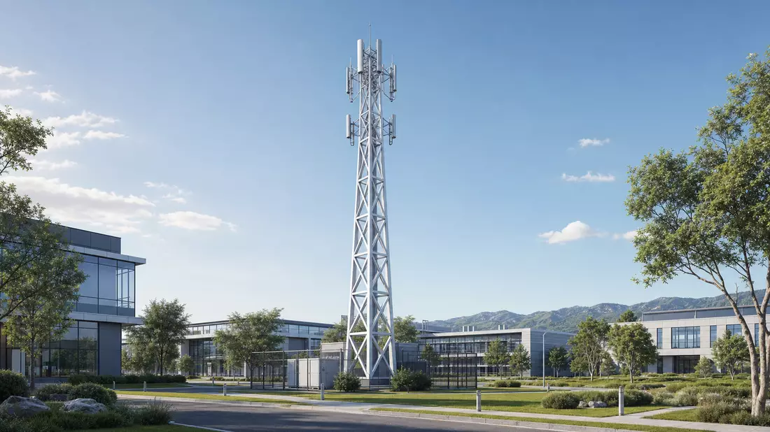 3D-Architekturrender eines schlanken Sendemasts auf einem modernen Firmencampus