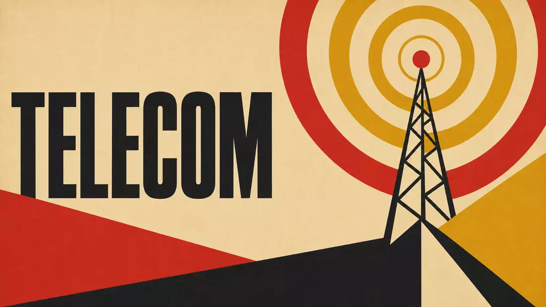 Geometrisches Bauhaus-Poster mit stilisiertem Sendemast, Funkwellen und Schriftzug TELECOM