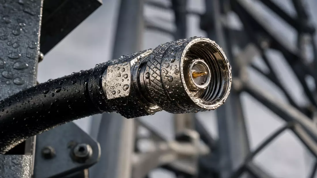 Makroaufnahme eines nassen Antennenanschlusses mit Kabel vor Sendemast-Stahlgitter