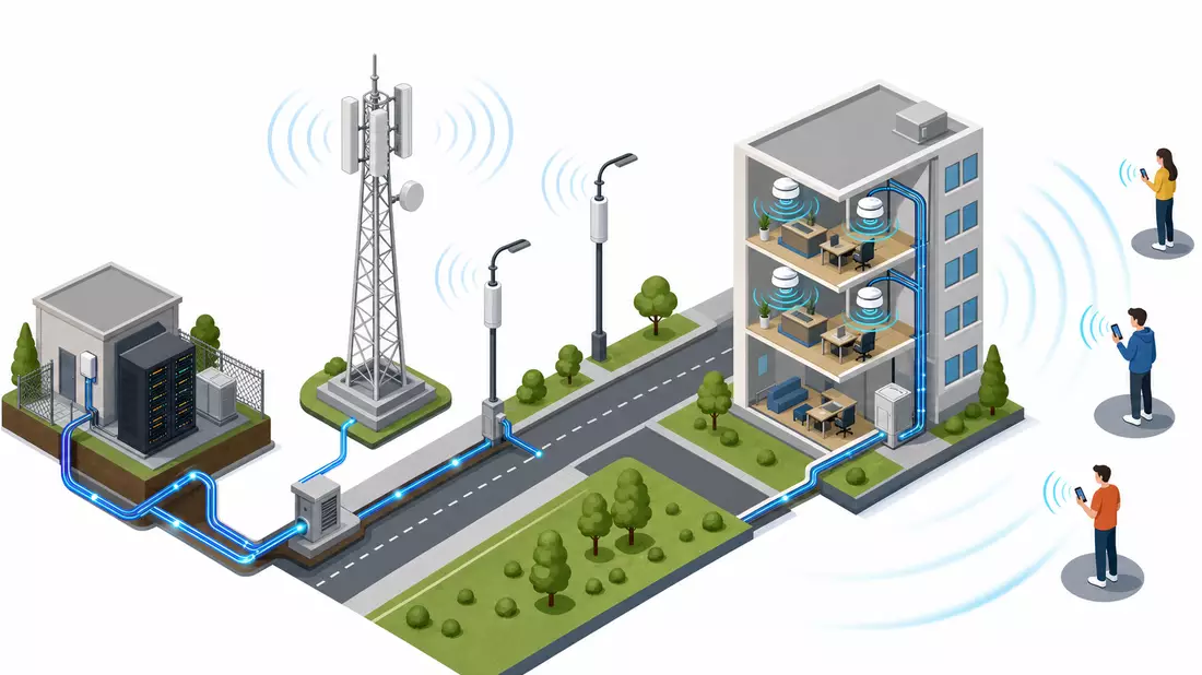 Isometrisches 3D-Diagramm einer Telekommunikations-Wertschöpfungskette mit Turm und Gebäude