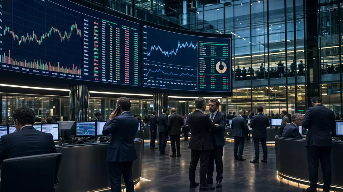 Editorial-Foto eines Börsenhandelsraums mit großen Bildschirmen und Telekom-Aktiencharts