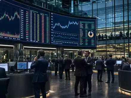 Infrastrutture Wireless Italiane S.p.A. (IT0005090300) wird gehandelt, dargestellt durch Editorial-Bild eines Handelsraums mit großen Telekom-Charts - Foto: THN