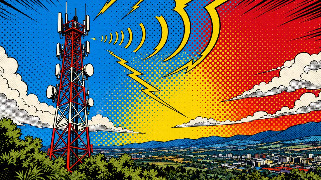 Bunte Pop-Art-Comic-Illustration eines Sendemasts mit Funkwellen über Halbtonhimmel