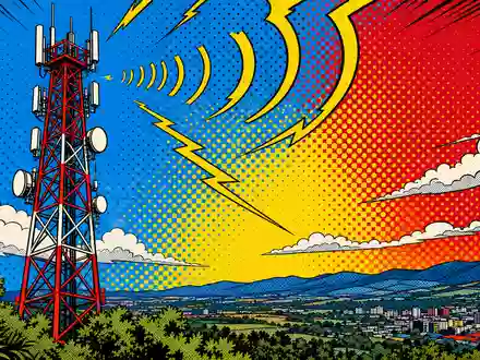 Infrastrutture Wireless Italiane S.p.A. (IT0005090300) strahlt Funksignale aus, comichaft dargestellt in farbenfroher Pop-Art-Illustration eines Sendemasts - Foto: THN
