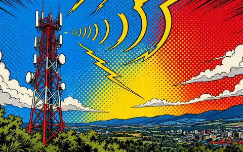 Infrastrutture Wireless Italiane S.p.A. (IT0005090300) strahlt Funksignale aus, comichaft dargestellt in farbenfroher Pop-Art-Illustration eines Sendemasts - Foto: THN