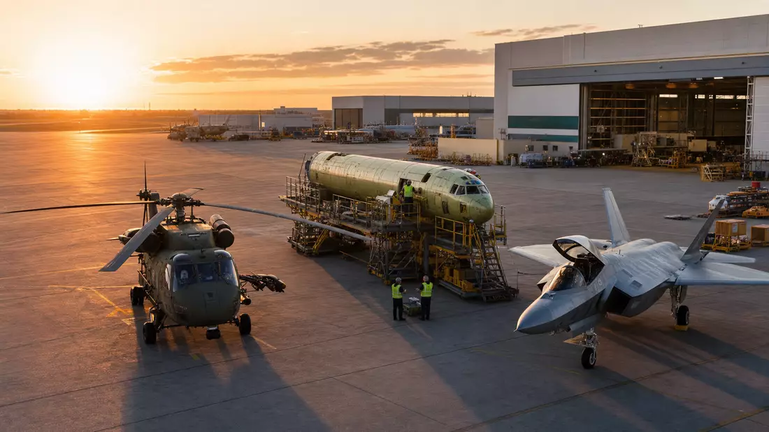 Luftfahrt- und Rüstungswerk mit Helikopter und Jet auf Rollfeld bei Sonnenuntergang