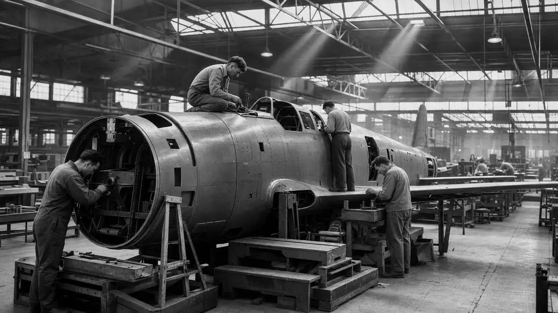 Schwarzweiß-Dokumentarfoto von Arbeitern beim Zusammenbau eines Flugzeugrumpfs