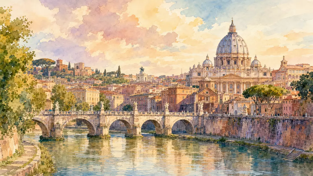 Aquarellmalerei der Skyline von Rom mit Tiber und historischen Kuppeln