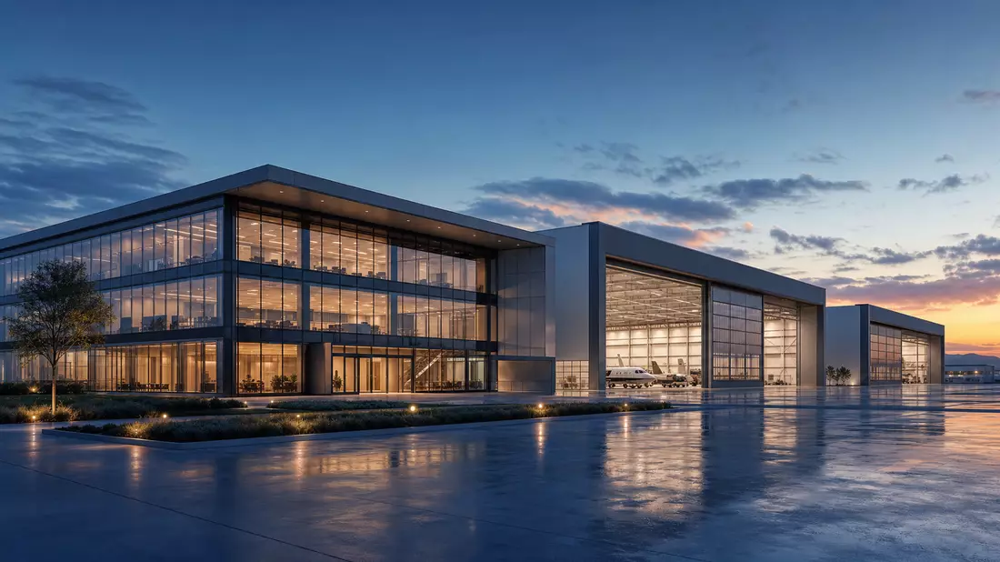 Architektonisches Render eines modernen Glas- und Stahl-Firmencampus in der Dämmerung