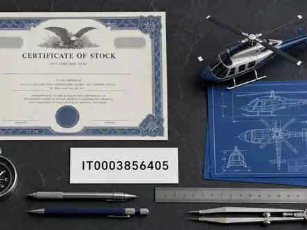 Flatlay kombiniert Aktienzertifikat, ISIN-Karte IT0003856405 und Modellhelikopter für Leonardo S.p.A. übersichtlich auf dunkler Fläche - Foto: THN