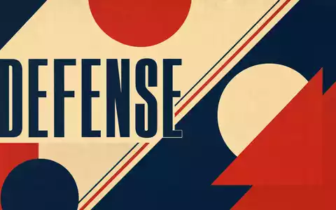 Bauhaus-Poster mit Sektor-Text DEFENSE symbolisiert geometrisch die Rüstungsbranche von Leonardo S.p.A., ISIN IT0003856405, sehr markant - Foto: THN