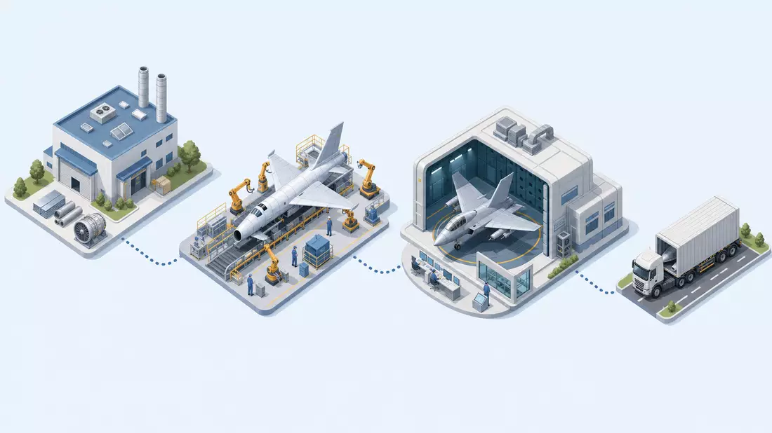 Isometrische 3D-Grafik einer Wertschöpfungskette mit Fabrik und Flugzeugmontage