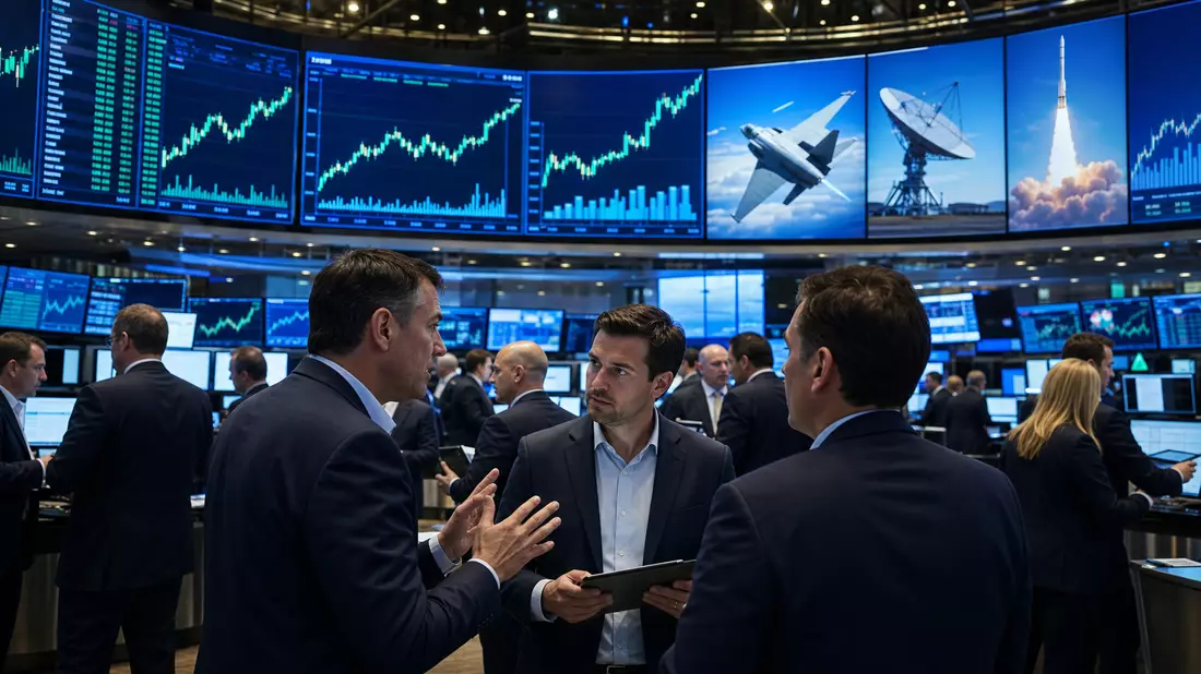 Trading-Floor mit Bildschirmen und Aktiencharts der Rüstungsbranche