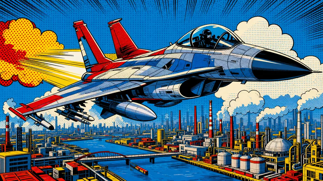 Pop-Art-Comic-Illustration eines stilisierten Kampfjets über einer Stadtsilhouette