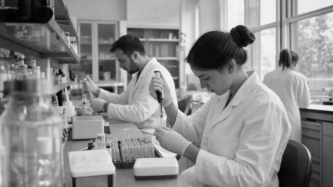Schwarzweiß-Reportagefoto von Laborpersonal bei Pipettenarbeit im Pharma-Labor