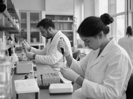 Recordati S.p.A. (IT0003828271) forscht in Pharma-Laboren, dokumentiert durch diese dokumentarische Schwarzweiß-Reportage-Aufnahme von Wissenschaftlern - Foto: THN