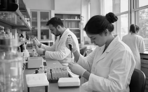 Recordati S.p.A. (IT0003828271) forscht in Pharma-Laboren, dokumentiert durch diese dokumentarische Schwarzweiß-Reportage-Aufnahme von Wissenschaftlern - Foto: THN