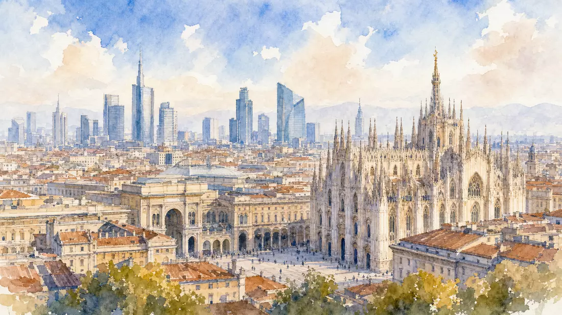 Aquarellmalerei der Mailänder Skyline mit Dom und modernen Hochhäusern