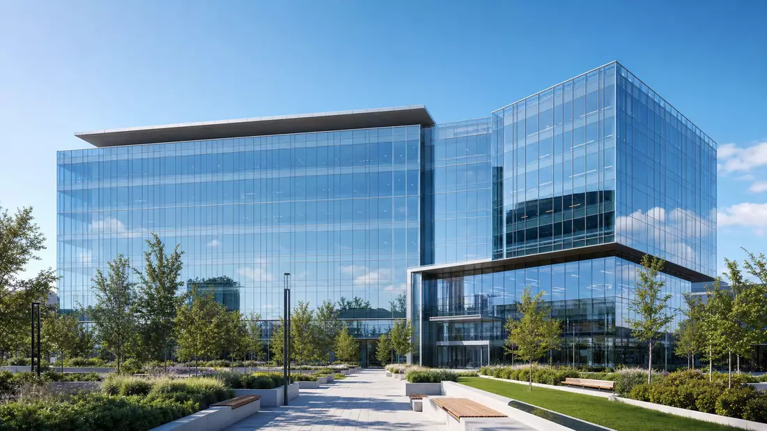 Architektur-Render eines modernen Glas-Bürogebäudes mit grüner Außenanlage