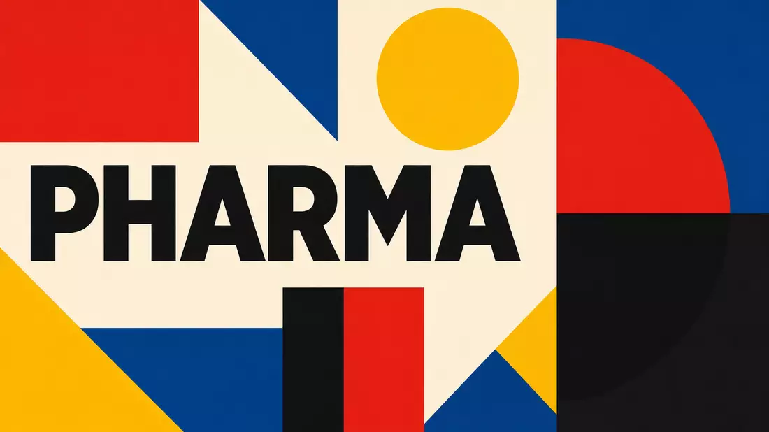Bauhaus-Poster mit geometrischen Formen und dem Wort PHARMA in kräftigen Farben