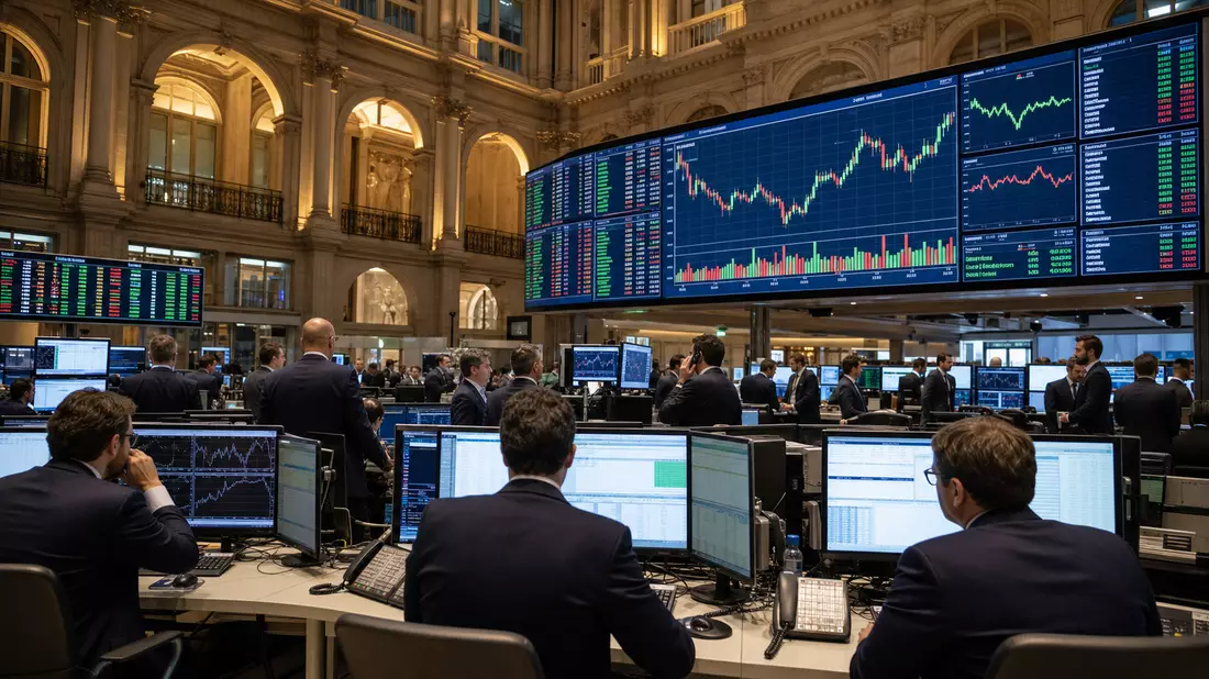 Börsen-Handelsraum mit großen Bildschirmen und Kursverläufen, Trader an Monitoren