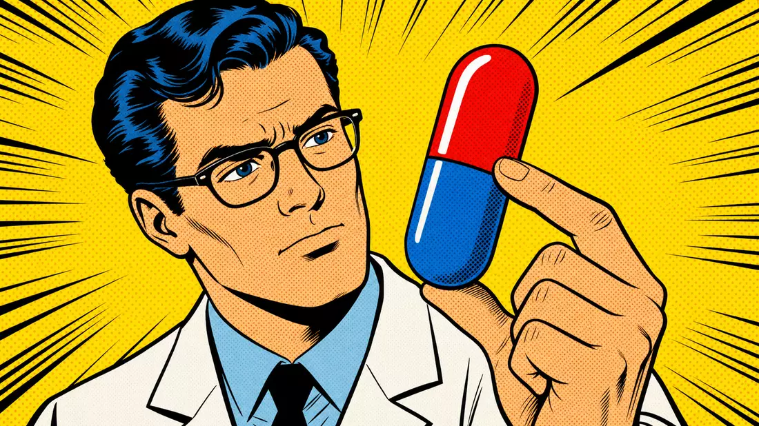 Pop-Art-Comic-Illustration eines Wissenschaftlers, der eine große Kapsel hochhält