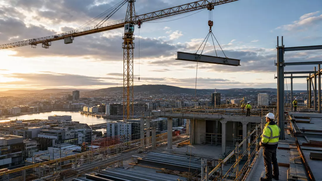 Fotorealistische Baustelle mit Turmkran und Stahlgerüst im Abendlicht der Stadt