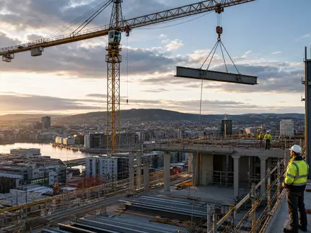 Skanska AB (SE0000113250) zeigt fotorealistisch eine Baustelle mit Kran und Hochhausrohbau bei Sonnenuntergang - Foto: THN