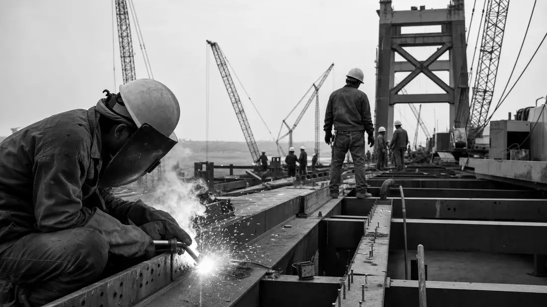 Schwarzweiß-Reportagefoto von Arbeitern beim Schweißen auf einer Brückenbaustelle