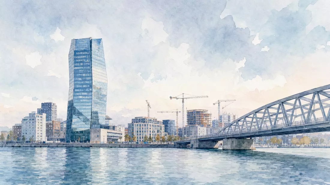 Aquarellmalerei einer nordischen Stadt-Skyline mit Stahlbrücke am ruhigen Wasser