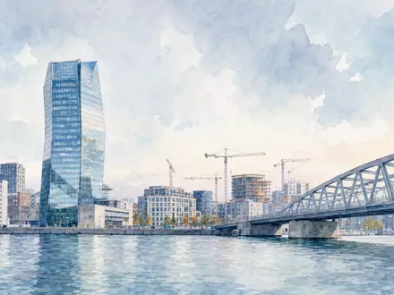 Skanska AB (SE0000113250) präsentiert eine Aquarellansicht einer nordischen Stadt mit Brücke und Baukränen - Foto: THN