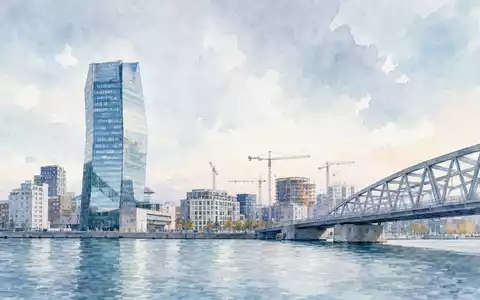 Skanska AB (SE0000113250) präsentiert eine Aquarellansicht einer nordischen Stadt mit Brücke und Baukränen - Foto: THN