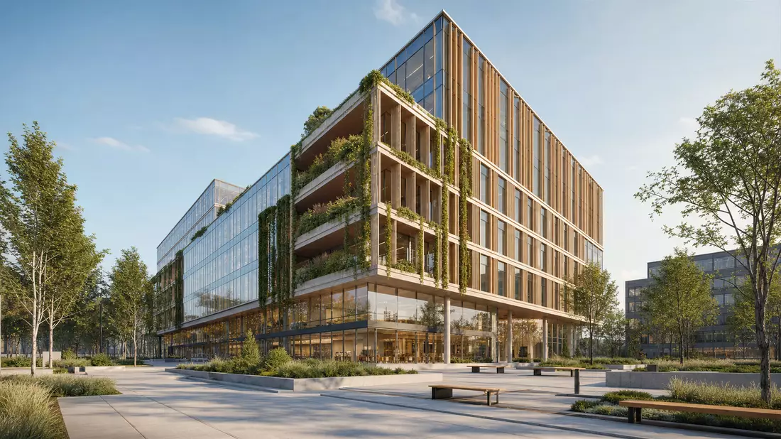 Architektur-Render eines modernen Bürogebäudes mit Holzfassade und Dachterrassen