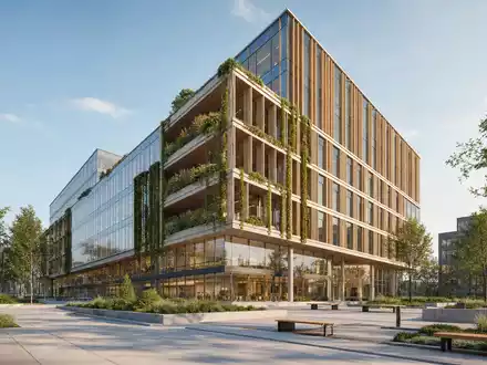 Skanska AB (SE0000113250) illustriert ein modernes nachhaltiges BĂŒrogebĂ€ude als skandinavischen Architektur-Render mit GrĂŒnfassade - Foto: THN