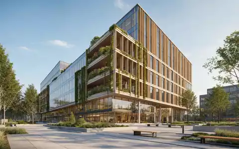 Skanska AB (SE0000113250) illustriert ein modernes nachhaltiges Bürogebäude als skandinavischen Architektur-Render mit Grünfassade - Foto: THN