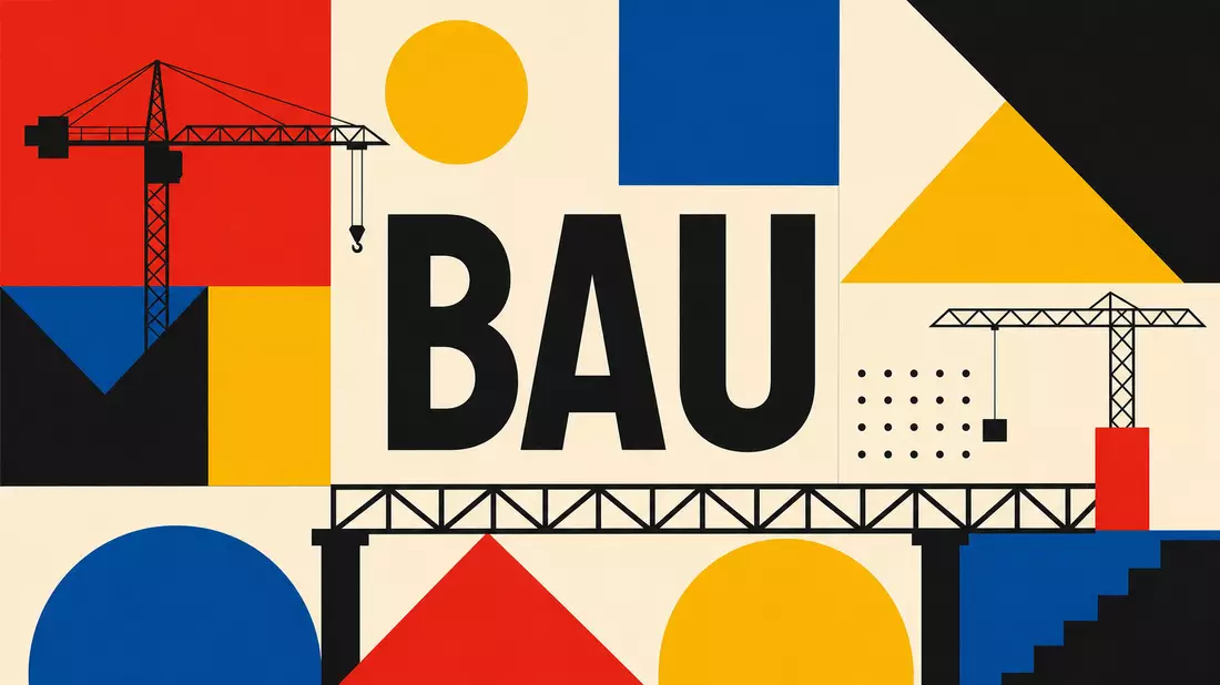 Geometrisches Bauhaus-Poster mit Kran, Brückenträger und großem Schriftzug BAU