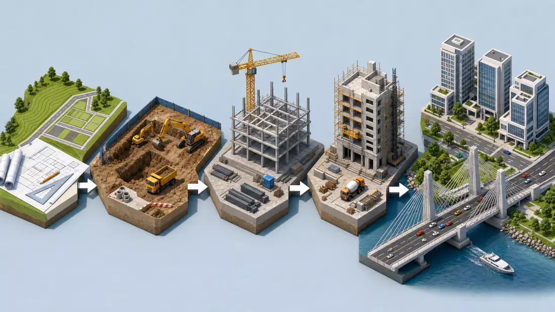 Isometrische 3D-Illustration der Bauwertschöpfungskette von Planung bis Brücke