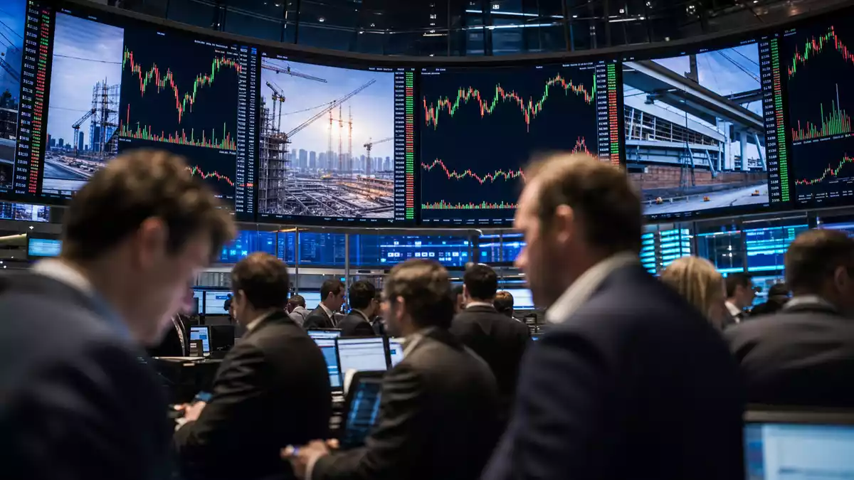 Börsen-Handelssaal mit großen Bildschirmen und Charts zum Baugewerbe-Sektor