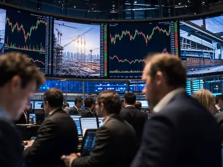 Skanska AB (SE0000113250) wird redaktionell dargestellt als Handelssaal mit Bau-Sektor-Charts auf großen Bildschirmen - Foto: THN