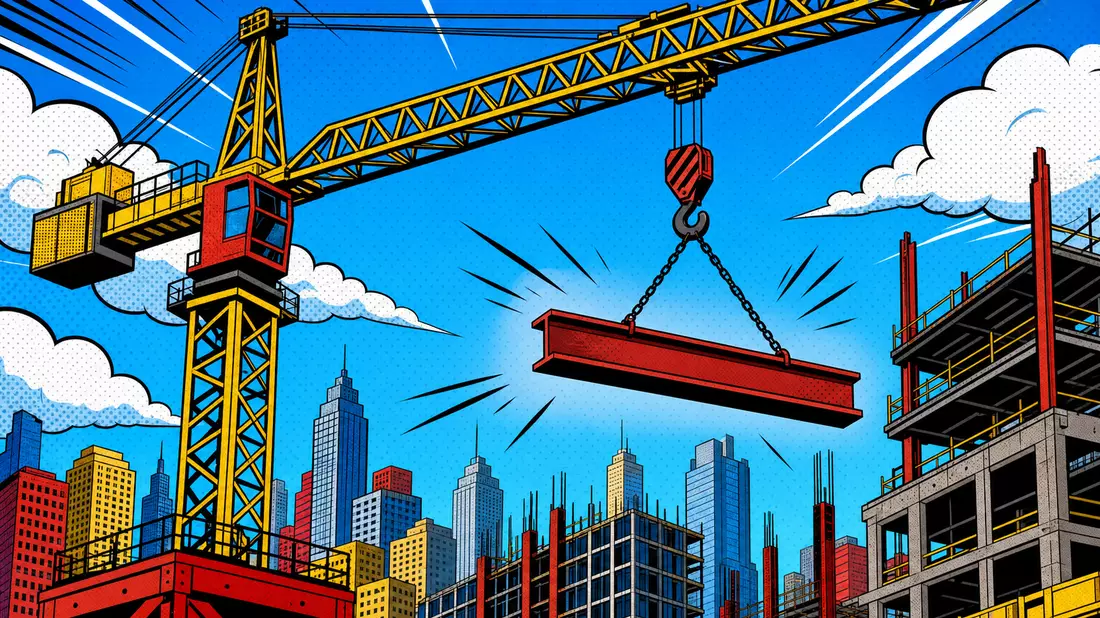 Bunte Pop-Art-Comicillustration eines Baukrans über einer Skyline im Bau