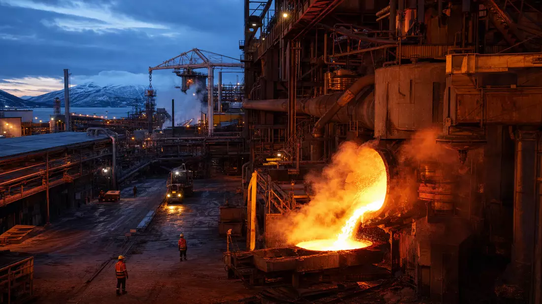 Fotorealistische Kupferschmelze mit glühendem Metall in schwedischer Industrieanlage bei Dämmerung