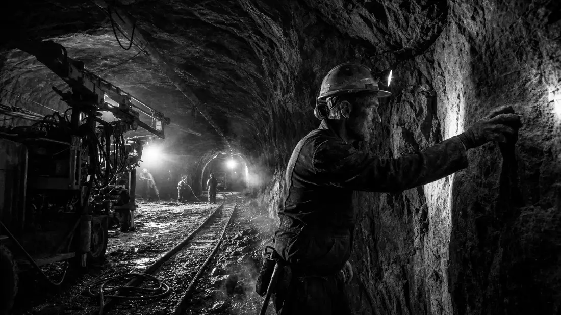 Schwarzweiß-Reportagefoto eines Bergmanns bei der Arbeit in einer Untertagemine