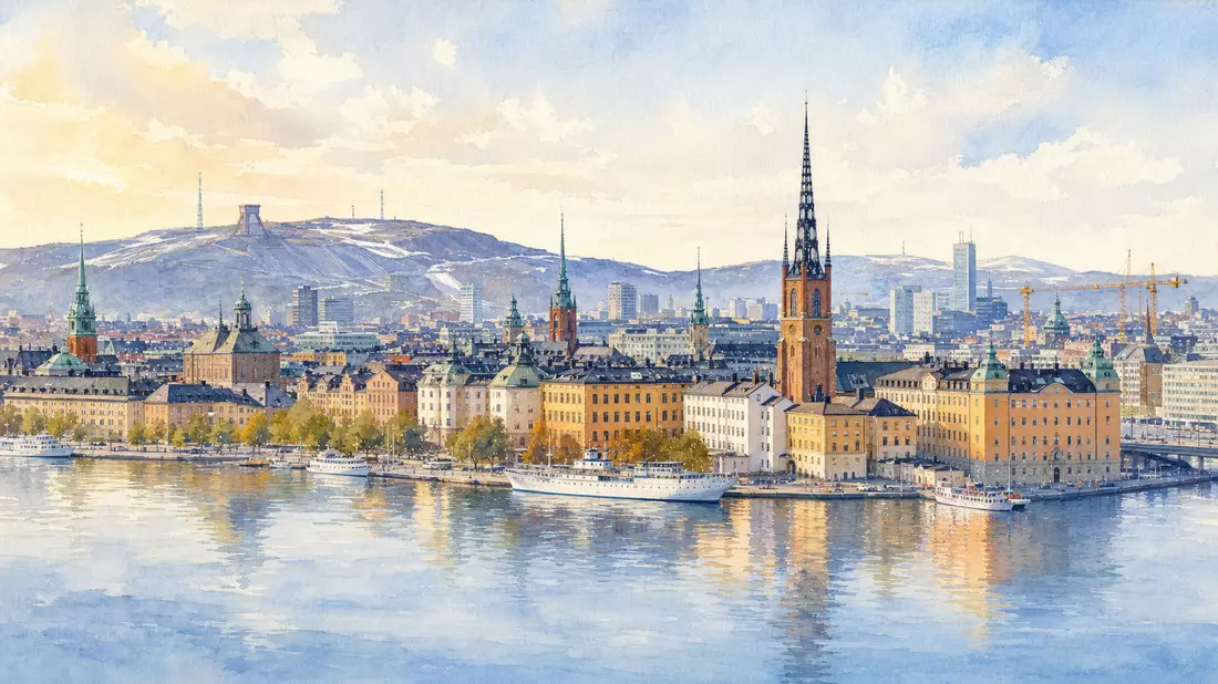 Aquarellmalerei der Stockholmer Skyline entlang eines nordischen Fjords am Morgen